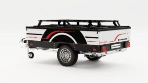 Ein Combi-Camp Country Pure Faltcaravan im geschlossenen Zustand. Korpusfarbe ist weiß und er hat Schwarz-rote Deals